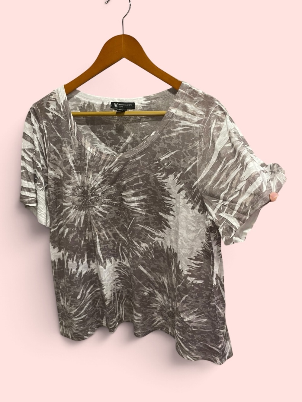 Cute Y2K burnout fireworks swirl bling top semi-sheer INC classic everyday